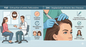 Infographie comparant les techniques de greffe de cheveux FUE et DHI chez la femme.