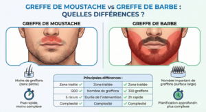 Infographie comparant visuellement les zones traitées et la densité requise entre une greffe de moustache et une greffe de barbe.