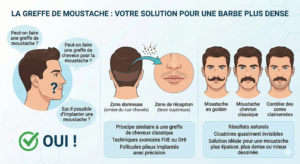 Infographie illustrant le processus de greffe de moustache, les techniques FUE/DHI et les différents styles possibles.