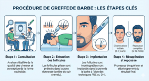 Les 4 étapes de la greffe de barbe (consultation, extraction, implantation, récupération)
