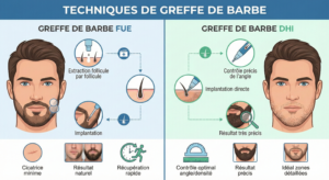 Comparaison visuelle des techniques de greffe de barbe FUE vs DHI.