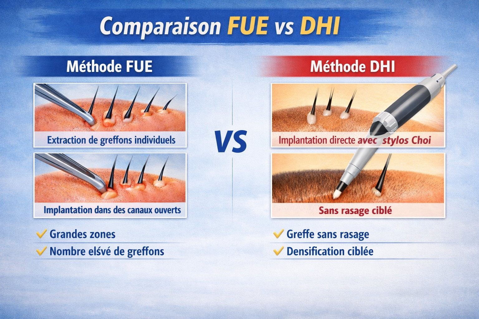 Comparaison des techniques de greffe de cheveux : FUE vs DHI