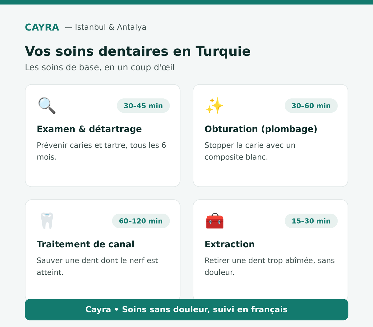 soins dentaires en Turquie : examen, plombage, traitement de canal et extraction — Cayra