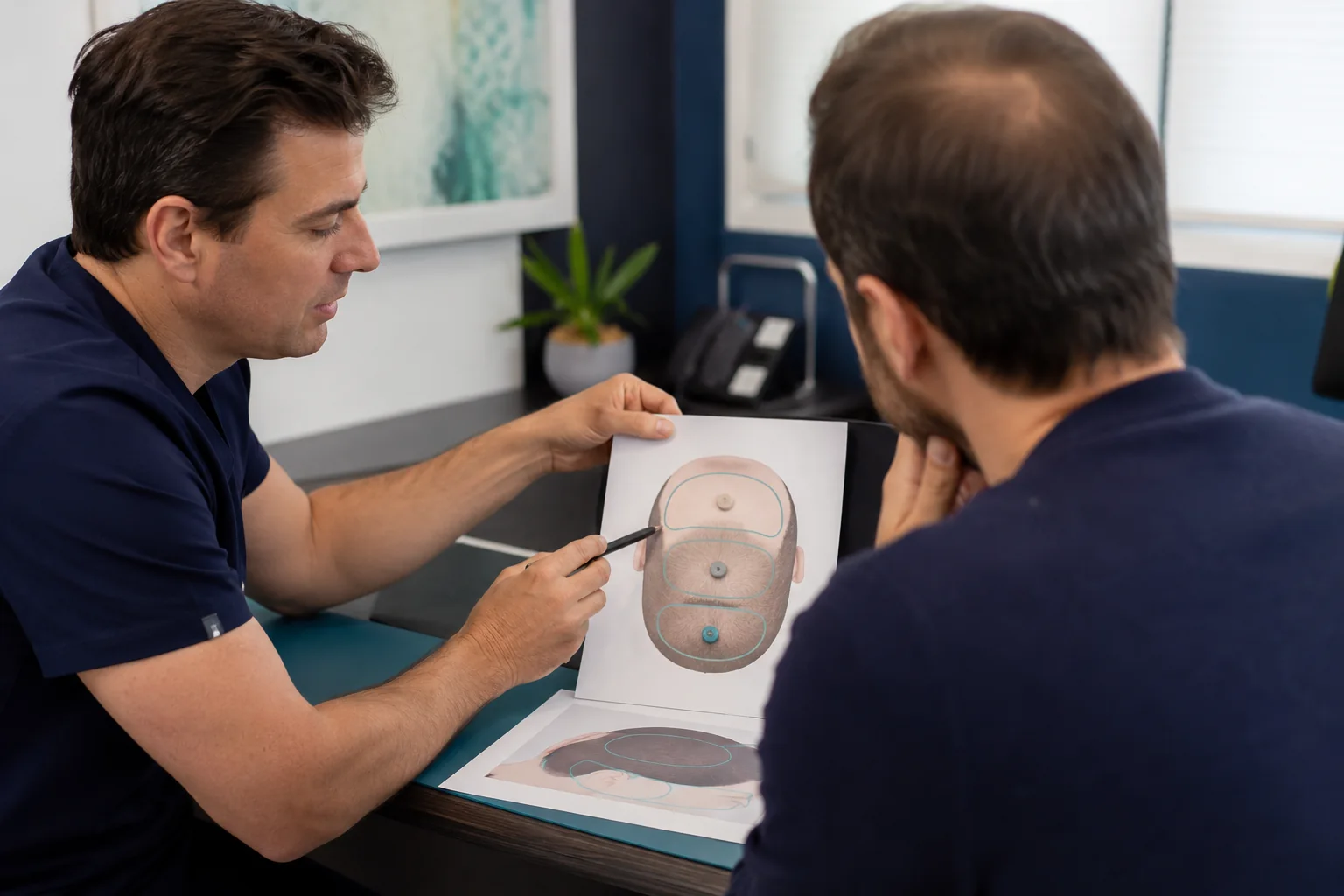 Plan de distribution des greffons entre ligne frontale et vertex