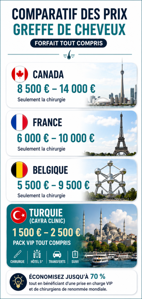 Graphique comparatif des prix de greffe de cheveux entre l'Europe et la Turquie
